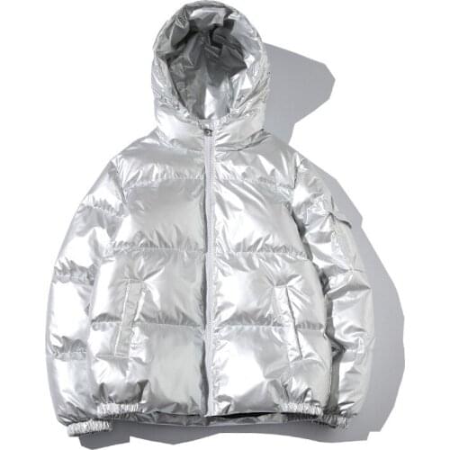 Winter Men Jacket Thick Warm Parka Jackets Silver Bright Glossy Bread Coat Fashion Young Loose Hooded Cotton Jacket Outwear Male