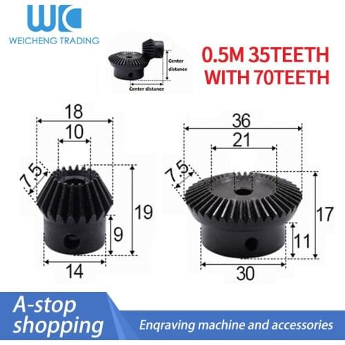2pcs 1:2 Bevel Gear 0.5Modulus 35 Teeth + 70teeth Inner Hole 6mm 90 Degree Drive Commutation Steel Gears Steel Gears Screw M5