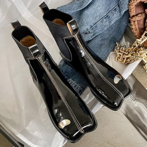 2021 Fashion Women Shoes Square Toe Chunky Boots Solid Black Boots for Women Patent Leather Modern Boots Women Designer Boots