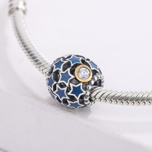 925 Sterling Silver Round Bead Shape Hard Blue Enamel Star Pendant Charm Bracelet DIY Jewelry Making For Original Pandora