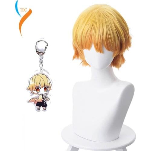 Anime Demon Slayer Kimetsu no Yaiba Tokitou Muichirou Ponytails Wig Cosplay Agatsuma Zenitsu Wig Kamado Tanjirou Wig keychain