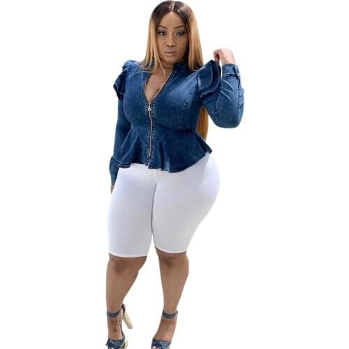 Autumn Womens Clothing Long Sleeve Blouse Ruffle V Neck Zipper Office Ladies Plus Size Denim Blouse Wholesale Dropshipping