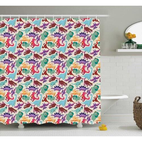 Kids Shower Curtain Cute Monsters Dinosaurs Caricature Cartoon Style Funny Creature Playroom Print Home Decor Bath Curtains
