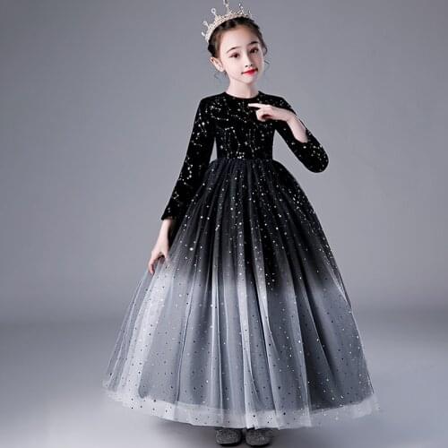 Flower Girl Dresses Illusion Princess Lace Sequined Ball Gown O-Neck Full Luxury Dark Blue Floor-Length Tulle Party Dress H009