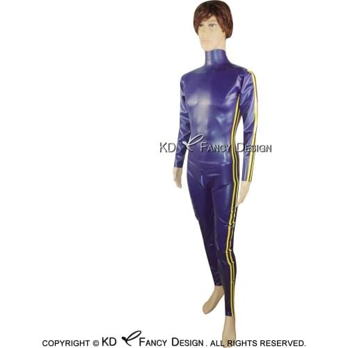 Black with Yellow Sexy Latex Catsuit With Stripes At Two Sides Back Zipper Rubber Bodysuit Overall Zentai Body Suit LTY-0036