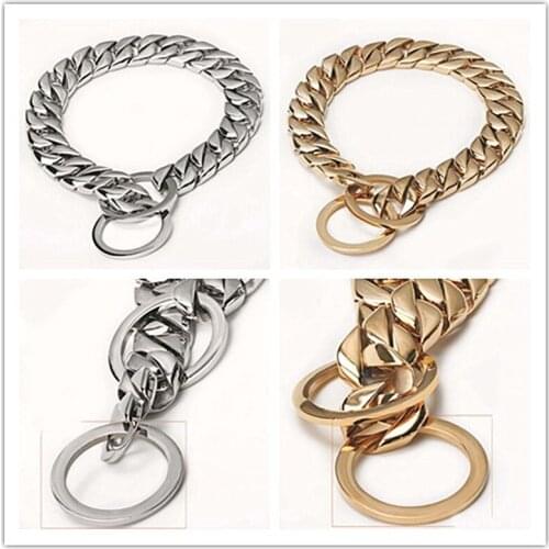 Granny Chic 15mm wide 12-30inch Gold Tone Silver color Gold Curb Cuban Rombo Link 316L Stainless Steel Dog Chain Collar