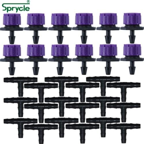 SPRYCLE 50PCS Adjustable Purple Drippers 50PCS 4/7MM Barb Tee Connector Micro Drip Irrigation Watering Nozzle Kit for 1/4'' Hose