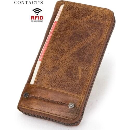 CONTACTS Genuine Leather Unisex Wallet Rfid Phone Bag Coin Pocket Purse Male Clutch Wallets Retro Crazy Horse Skin Card holder