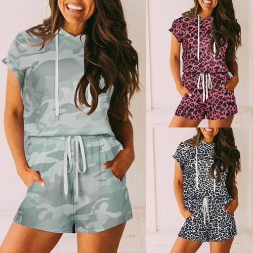 Shorts Sets Leopard Summer Womens Fashion Hooded Short Sleeve Camouflage Set Print Pocket Shorts Suit Спортивный Костюм Женский