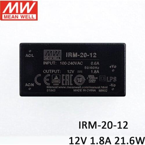 MEAN WELL IRM-20-12 21.6W PCB-mount assemble Encapsulated Power Module 110V/220V AC to 12V DC 1.8A 20W Module type Power Supply