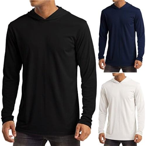 Hooded T-Shirts Men Solid Color Base T Shirt Breathable Lightweight Tee Shirts Long Sleeve UV Sun Protection Quick Dry Tshirt