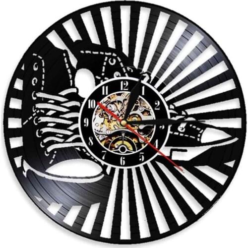Fashion Shoes Sneaker Inspired Vinyl Record Wall Clock For Teenage Living Room Sneakerhead Sign Carved Album Music Record Clock