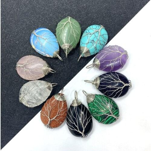 Natural Stone Lapis Lazuli Drop-shaped Pendant Winding Peace Tree Fashion Jewelry for DIY Necklace Bracelet Accessories 45x25mm