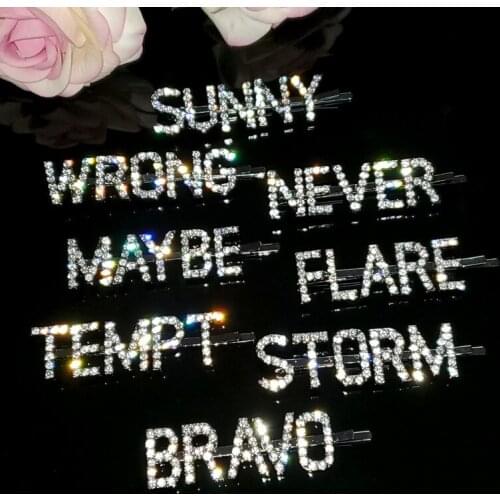 New Arrival Word Hairclips "SUNNY,WRONG,NEVER,MAYBE,FLARE,TEMPT,STORM,BRAVO" Crystal Letters Hairgrips&Bobby Pins WHOLESALE