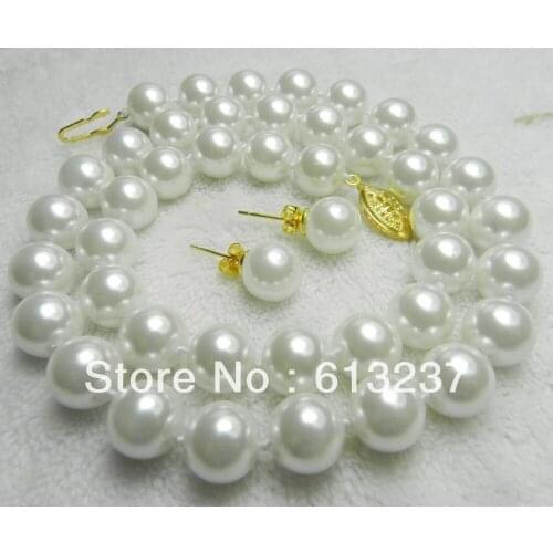 Charming 8mm elegant white shell simulated-pearl chains necklaces earrings jewelry set for wedding party gifts 18inch MY2000