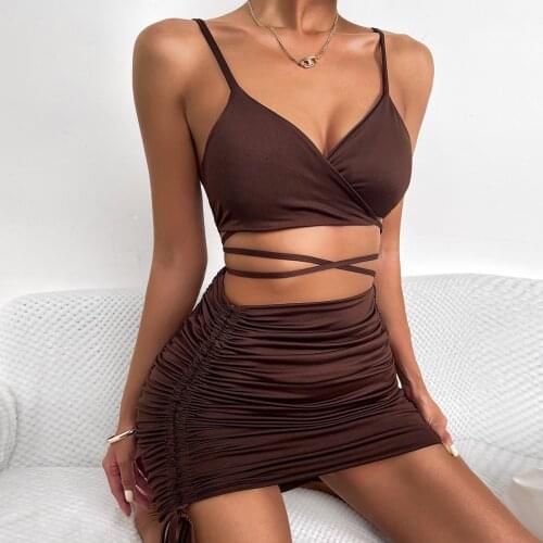 Sexy Pleated Dress V-neck Low-cut Sling Backless Dress High Waist Open Navel Bodycon Party Dress Pleated Lace Up Skinny Dresses