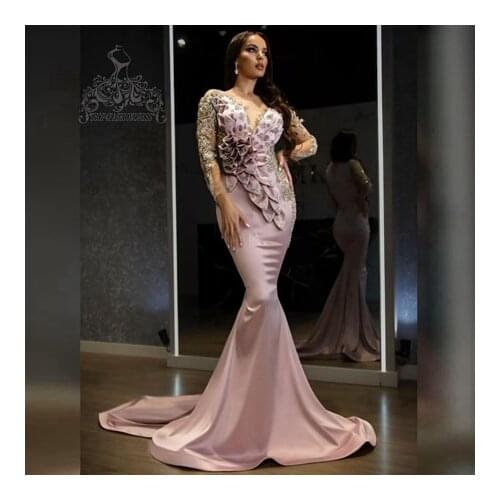 Sexy V Neck Peach Pink Satin Mermaid Prom Dress See Thru Sleeves Crystals 3D Flowers Ruffles Evening Dresses Pageant Gowns