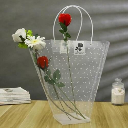 Portable Gift Bag PVC Flower Packaging Bag Transparent Polka Dot Wrapping Plastic Bouquet Packing Box Carrier Bag with Handles
