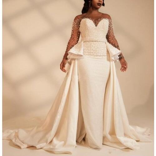 Luxury Scoop Neckline Full pearls Top African Wedding Dresses with Detachable Train Plus Size Formal Bridal Gowns