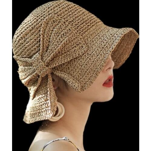 100%Raffia Bow Sun Hat Wide Brim Floppy Summer Hats For Women Beach Panama Straw Dome Bucket Hat Femme Shade Hat