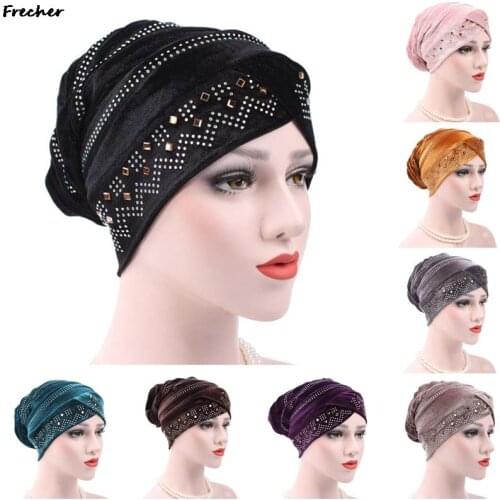 Gold velvet Inner hijabs muslim turban caps for women with drill ethnic islamic wrap head turbante ready to wear hijab bonnet