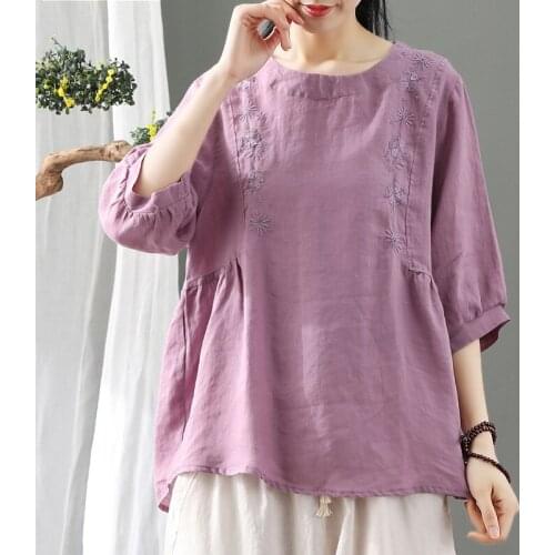 Summer New Womens Green Purple Blue White Embroidery Linen Top Blouse Shirt , Loose 2019 Casual Tops Blouses for Woman
