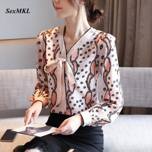 Women Bow Neck Printed Blouses 2020 Fashion Long Sleeve Sexy Ladies Tops Elegant Korean Clothes Autumn Slim Party Chiffon Shirts