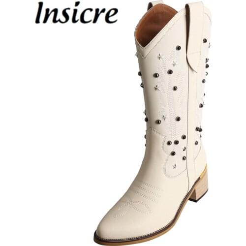Insicre Fashion Cowboy Slip On Pointed Toe Western Boots Women Chunky Heel Vintage Embroidered Fashion 2021 Autumn Shoes