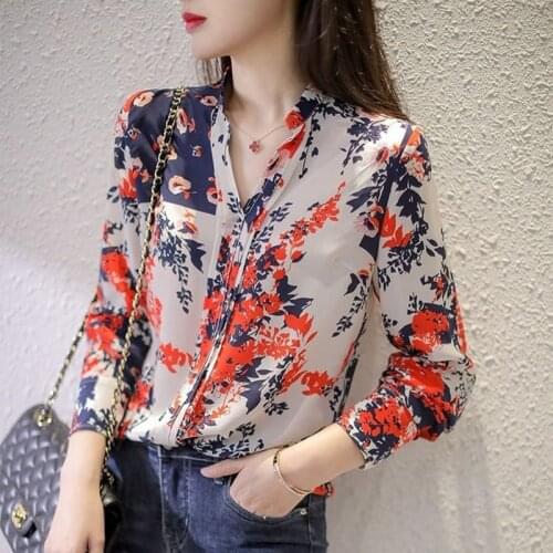Spring Summer Style Women Chiffon Blouses Shirts Lady Casual Long Sleeve V-Neck Flower Printed Blusas Tops DD8955