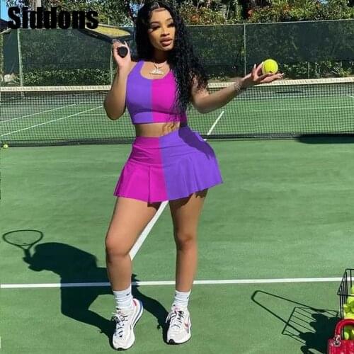 Women Sexy Patchwork Sleeveless Crop Top and Mini Dresses Two Piece Tracksuit Sets Outfits