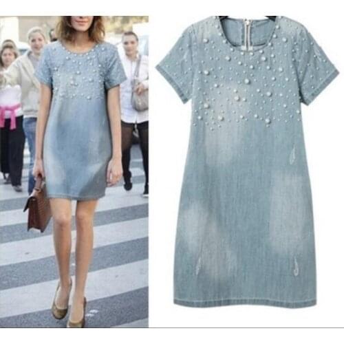 2018 summer new European and American large size womens washed beads loose short-sleeved denim dress