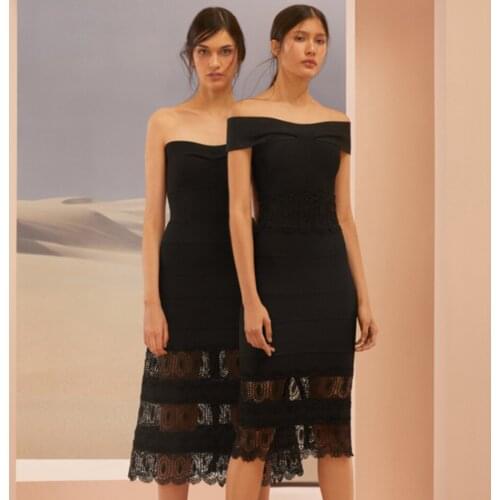 Seamyla 2021 New Winter Women Black Off Shoulder Lace Bodycon Bandage Dress Sexy Hollow Out Celebrity Evening Runway Party Dress