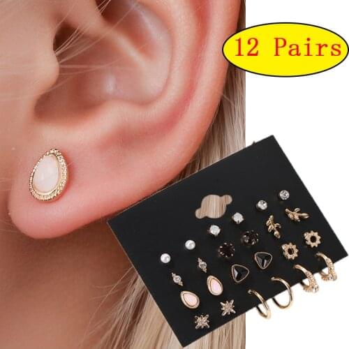 12 Pairs/Set Womens Earrings Pearl Earrings For Women Bohemian Geometric Crystal Heart Stud Earrings Fashion Jewelry Ornaments
