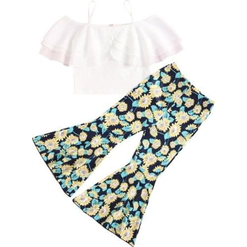 Toddler Girls 2Pcs Summer Clothes, Off Shoulder Ruffle Strap Tops + Flare Pants Set 2-7T
