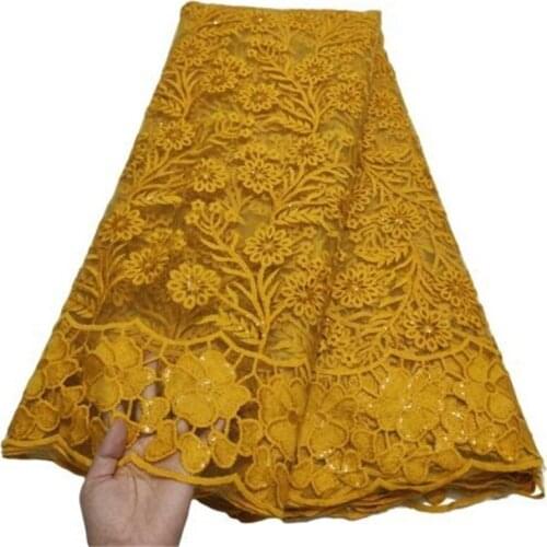 2021 Yellow African Mesh Lace Fabric With Sequins 3D Applique Milk Silk Lace Soft French Lace Fabric For Wedding Party