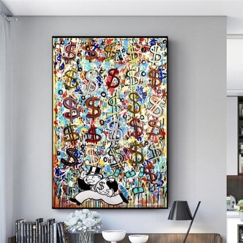 Abstract Dollar Monopoly Man Funny Posters And Prints Graffiti Raining Money Wall Art Canvas Painting For Living Room Decoration