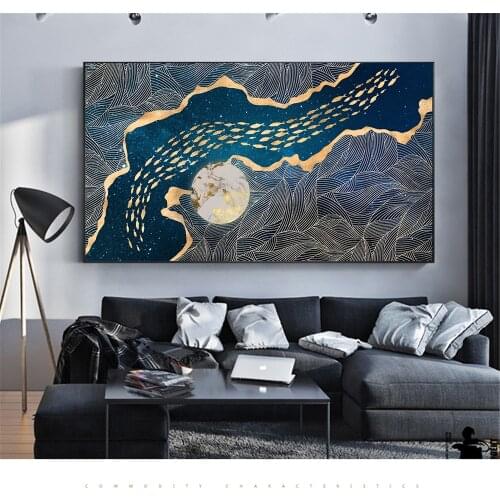 Abstract Modern Decor Golden Fish Moon Canvas Painting Poster And Print Wall Art Pictures For Living Room Bedroom Dinning Room