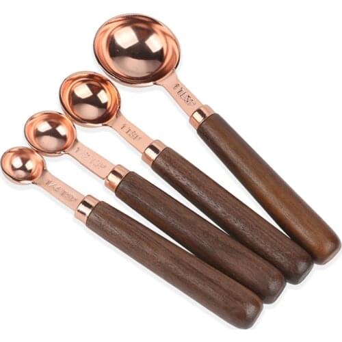 Stainless Steel Measuring Cups Spoons Set Classic Design Ergonomic Black Walnut Handle Rose Gold Elegant Kitchen Accessories