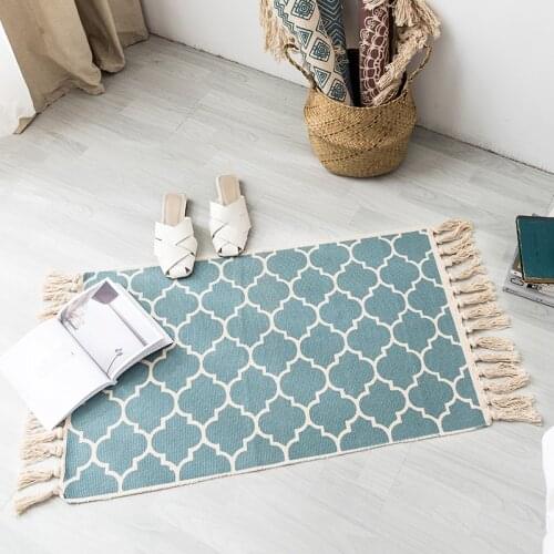 Bohemia Rectangle Fabric Braided Rugs Door Mat for Living Room Anti-slip Knot Tassel Rugs Gate Pad 60x90cm
