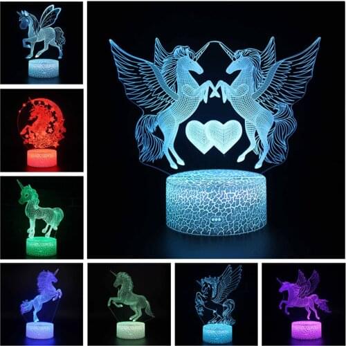 Unicorn Pegasus Action Figure Series Acrylic 3D Illusion LED Lamp 16Color Remote Control Table Lamps Toys For kid Christmas Gift
