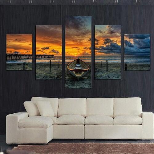 HD Framework Home Decor Canvas Painting Poster 5 Panel Sunset Seascape And Boat Modern Wall Art Living Room Printed Pictures