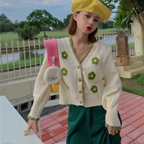 Korean Autumn Winter Preppy Style Lazy Kawaii V-Neck Sweety Flowers Single-breasted Full Sleeve Knitting Cardigan For Female