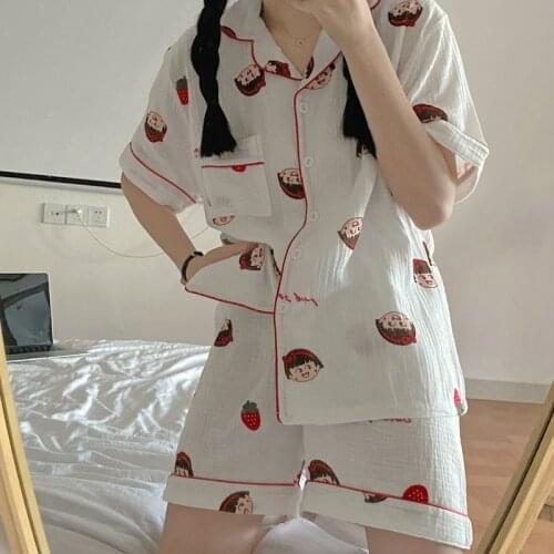 2021 Summer 100% Cotton Short Sleeve Shorts Pajama Sets for Women Print Sleepwear Suit Pyjama Homewear Pijama Mujer Home Clothes