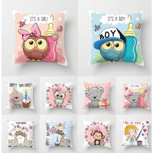 Cartoon Owl Bear Fox Cushion Cover Happy Birthday Home Decor Pillow Case Living Room Seat Chair Cushion Pillowcase TP127