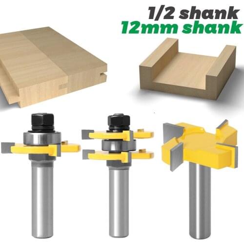 3pcs 12MM 1/2inch Shank Tongue & Groove Joint Assemble Router Bits 3/4" stock T-Slot Tenon Cutter Milling for Wood Woodworking