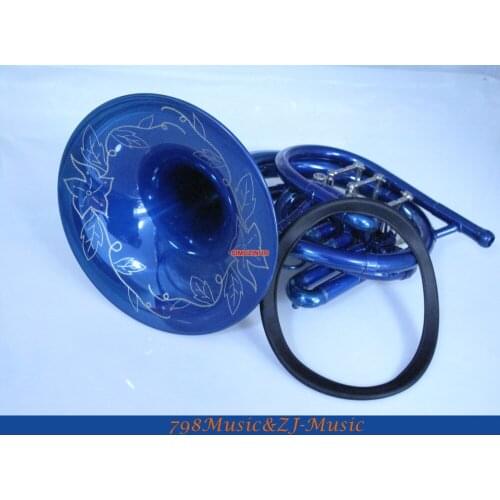 Newest Beautiful Blue Mini French Horn Engraving Bell Bb Pocket horn With Case Free LORICO Ring Mute