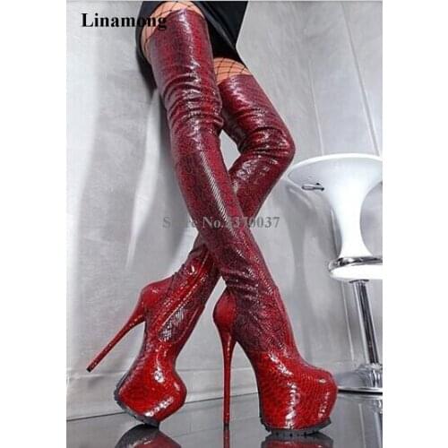New Fashion Women Round Toe Snake Leather High Platform Over Knee Boots Sexy Slim Style High Heel Boots Nightclub Dress Shoes