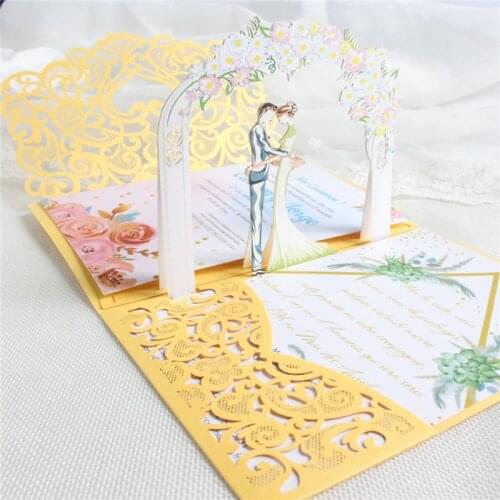Yellow 3D couple wedding card invitation envelop anniversary valentine postcard greeting card personalize design 50 sets
