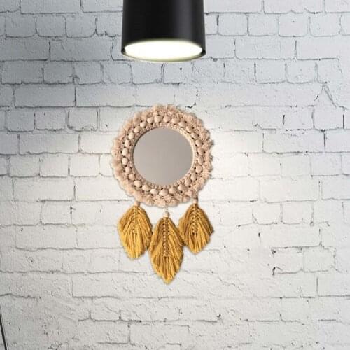 27RC Nordic Handmade Woven Tassel Hanging Wall Mirror Ethnic Boho Cotton Rope Feather Leaves Pendant Macrame Mirror Home Living