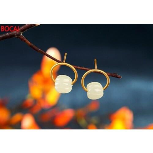 Real S925 sterling silver inlaid Hetian jade gold-plated pumpkin beads temperament personality all-match female earrings